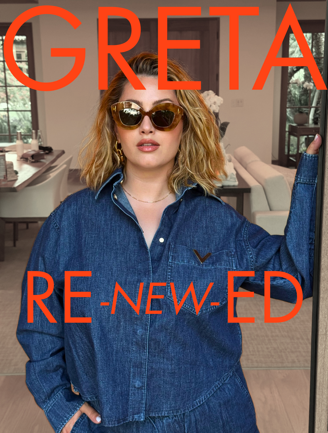 Person wearing a denim outfit with 'GRETA RE-NEW-ED' text overlay.